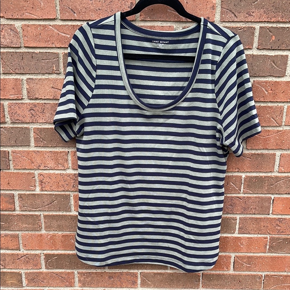 Lane Bryant Navy and Green Striped Women's Top